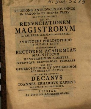 De religionis ante dvcentos annos in Saxonia et Misnia statv nonnvlla