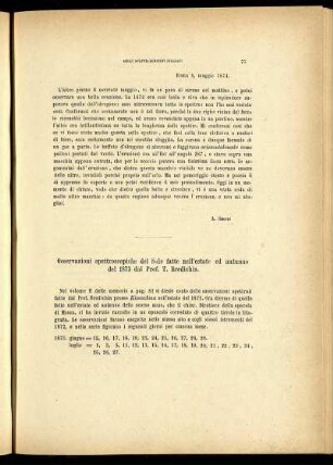 Osservazioni spettroscopiche del Sole fatte nell'estate ed autunno del 1873 dal Prof. T. Bredichin