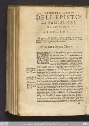 Libro Decimosesto Dell' Epistole Famigliari. Di Cicerone. [A Tirone.]