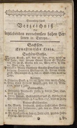 Genealogisches Verzeichniß der jetztlebenden vornehmsten hohen Personen in Europa