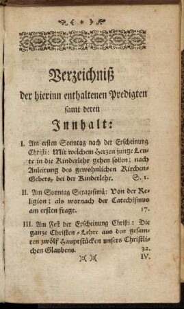 Verzeichniß der hierinn enthaltenen Predigten samt deren Innhalt:[...]