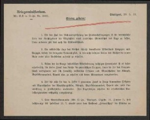 Erlasse des Württembergischen Kriegsministeriums über Maßnahmen im Falle einer Nichtunterzeichnung der Friedensbedingungen