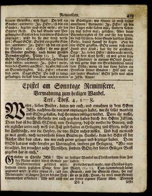 Epistel am Sonntage Reminiscere. Vermahnung zum heiligen Wandel. Text, Thess. 4, 1-8.