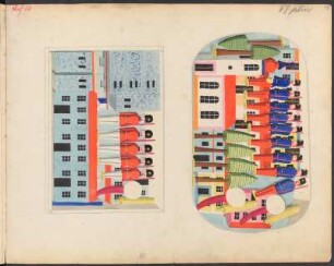 J. D. Oehme, Grünhainichen : Spielzeugmusterbuch, 82 Tafeln (rechtsseitig, Rückseiten ausnahmslos leer), die Tafelnummerierung (rot, oben links, teilweise abgeschnitten/nicht identifizierbar) und Seitenzählung (Bleistift, oben rechts) stimmt nicht durchgehend überein; handkolorierte Zeichnungen, teilweise mit Papier beklebt (bedruckte Zettel, aber auch Originalpapier, mit dem die abgebildeten Objekte beklebt wurden). Gesamtseiten: 184; davon Leerseiten und leere Rückseiten: 86