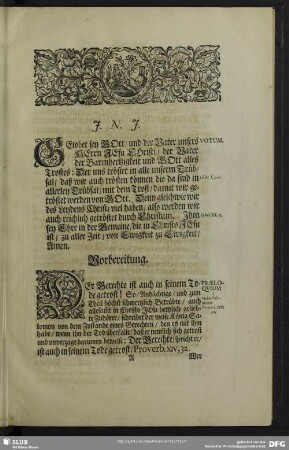 Leichenpredigt : Der in seinem Tode getroste Gerechte, Vorbereitung, [Textus], Eingang, [Propositio], Abhandlung, Gebrauch