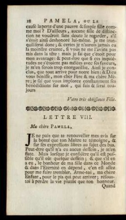 Lettre VIII. Ma chère Pamela, ...