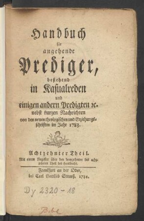 18. Theil (1783): Handbuch für angehende Prediger