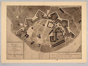 Lageplan der Neustadt aus "Dresdens Festungswerke im Jahre 1811" vor der Demolierung mit den Standorten der Abbildungen sowie Maßstäben in Ellen und Schritt
