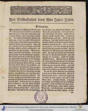 Von Beschaffenheit derer Vier Jahrs-Zeiten.