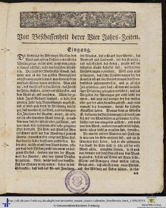 Von Beschaffenheit derer Vier Jahrs-Zeiten.