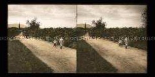 Passanten mit Pferdewagen und Kindergruppe, Korfu