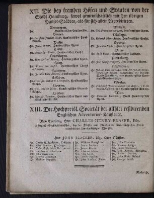 XII. Die bey fremden Höfen und Staaten von der Stadt Hamburg, sowol gemeinschaftlich mit den übrigen Hansee-Städten, als für sich allein Accreditirten.