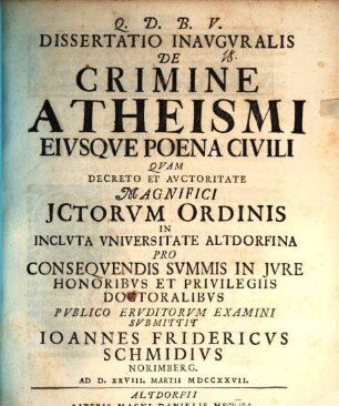 Dissertatio inauguralis de crimine atheismi eiusque poena civili