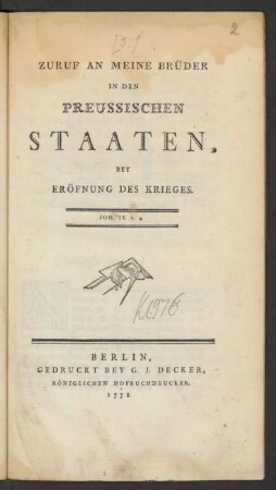 Zuruf An Meine Brüder In Den Preussischen Staaten, Bey Eröfnung Des Krieges