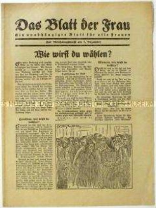 Flugschrift der SPD für Frauen zur Reichstagswahl am 7. Dezember 1924