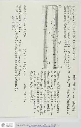 Entrata per la Musica / di Tavola / a / 2 Violin / Viola / e / Cembalo. / Christoph Graupner / No 3.