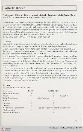 36: Zur Lage des Altsprachlichen Unterrichts in der Bundesrepublik Deutschland : Bericht vor der Vertreterversammlung in Fulda, Februar 1993