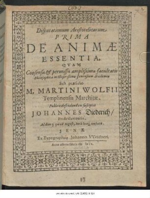 Disputationum Aristotelicarum Prima De Animae Essentia