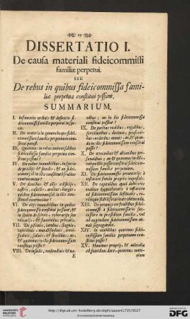 Dissertatio I: De causa materiali fideicommissi familiæ perpetui