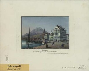 Detailansicht von Luzern, Schweiz, Kupferstich, um 1840 : Luzern, l'hotel du Cygne vers le mont Pilatus. - Zürich : R. Dikenmann , [um 1840?]. - 1 Kunstbl. : Kupferstich ; 11 x 7 cm