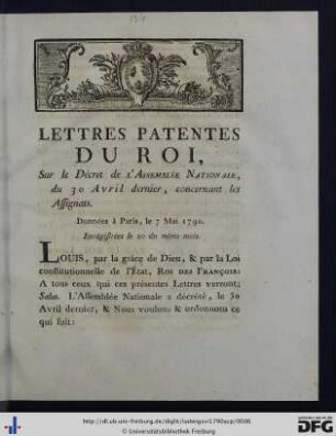 Lettres Patentes du Roi, Sur le Décret de l'Assemblée Nationale, du 30 Avril dernier, concernant les Assignats.