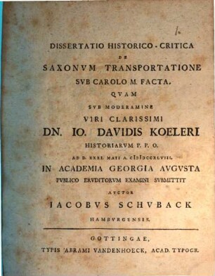 Dissertatio Historico-Critica De Saxonvm Transportatione Svb Carolo M. Facta