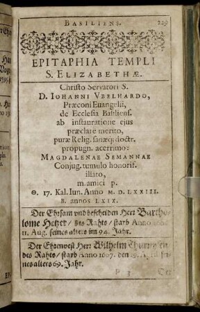 Epitaphia Templi S. Elizabethæ.