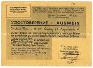 Dienstreiseauftrag für Hermann Trinkaus (russisch und deutsch) - Familienkonvolut
