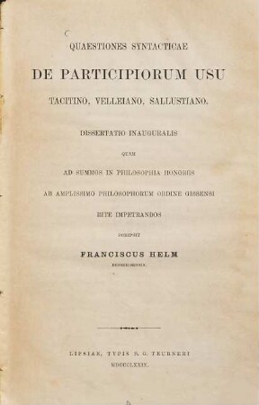 Quaestiones syntacticae de participiorum usu Tacitino, Velleiano, Sallustiano