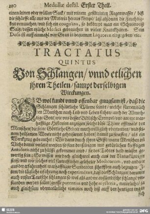 Tractatus Quintus. Von Schlangen/ unnd etlichen ihren Theilen/ sampt derselbigen Wirckungen.