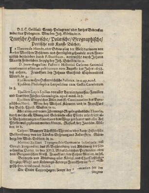 Teutsche Historische/ Politische/ Geographische/ Poetische und Kunst-Bücher.