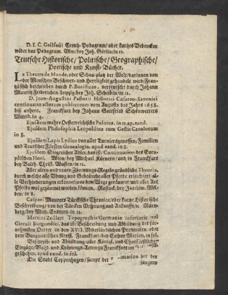 Teutsche Historische/ Politische/ Geographische/ Poetische und Kunst-Bücher.