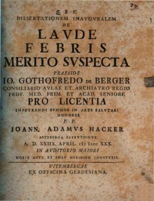 Diss. inaug. de laude febris merito suspecta