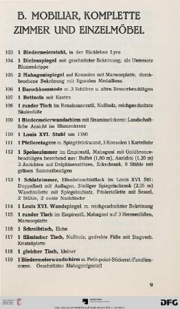 B. Mobiliar, komplette Zimmer und Einzelmöbel (Nr. 103-148)