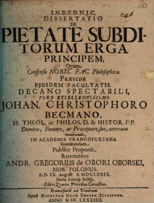 Dissertatio De Pietate Subditorum Erga Principem