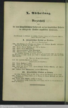 X. Abtheilung. Verzeichniß des bei dem israelititischen Cultus und an den israelitischen Schulen im Königreiche Sachsen angestellten Personales