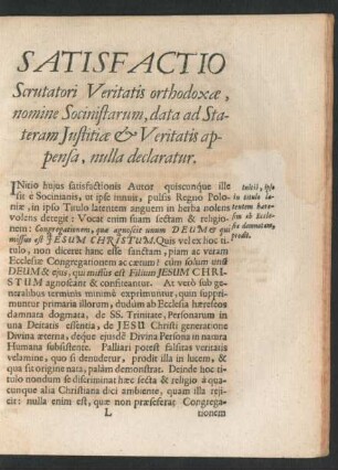 Satisfactio Scrutatori Veritatis orthodoxae ...