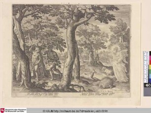 [Adam und Eva verbergen sich vor Gott, im Hintergrund der Sündenfall]