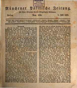 Münchener politische Zeitung : mit allerhöchstem Privilegium. 1836 = Jg. 37, [2] = Juli - Dez