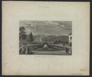 Aussicht von Schloss Erdmannsdorf bei Hirschberg, heute Schloss Myslakowice bei Jelenia Góra, Polen, Kupferstich, 1841 : Aussicht vom Schloss Erdmannsdorf / Zeichnung, Stich und Druck von Rosmäsler. - Berlin : Rosmäsler , 1841. - 1 Kunstbl. : Stahlst. ; 15 x 10 cm