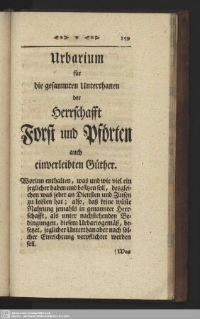 Urbarium für die gesammten Unterthanen der Herrschaft Forst und Pförten auch einverleibten Güther.