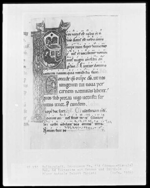 Missale, Ms. 114, folio 64, Textseite mit Neumen und Initiale P(uer natus): Geburt Christi