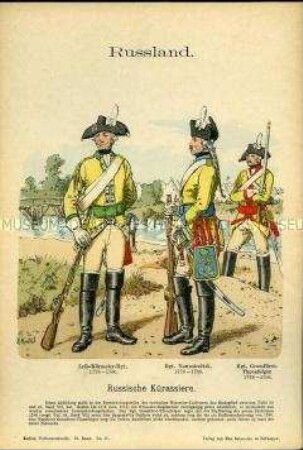 Uniformdarstellung, Gemeine verschiedener Kürassier-Regimenter, Russland, 1778/1796.