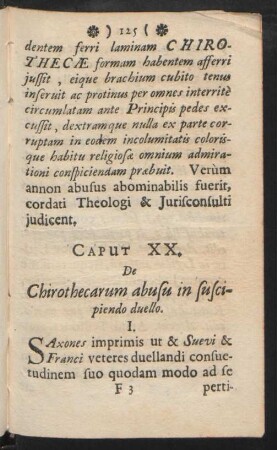 Caput XX. De Chirothecarum abusu in suscipiendo duello.