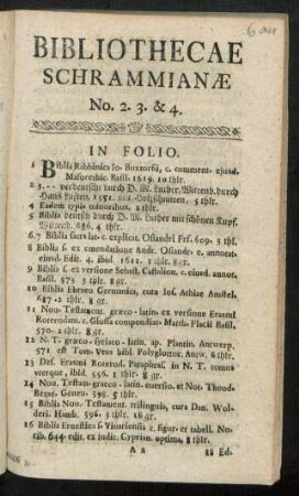 No. 2/4: Bibliotheca Viri Jo. Val. Schrammii Ex Qua Libri Parato Pretio Venales Prostant