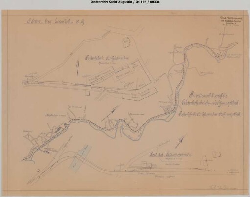 Gleisanschluss Heinrich Geldmacher: Übersichtsplan über die Privatanschlussbahn Felderhoferbrücke - Hoffnungsthal mit Lageplan der Papierfabrik und Lageplan des Bahnhofs Felderhoferbrücke.
