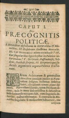 Caput I. De Praecognitis Politicae.