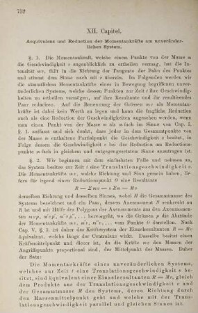 XII. Capitel. Aequivalenz und Reduction der Momentankräfte am unveränderlichen System.