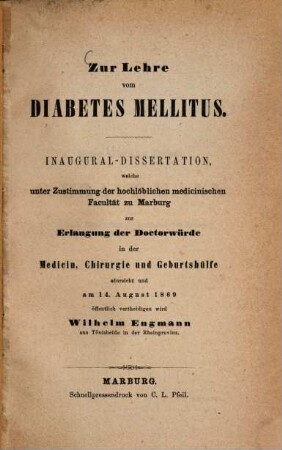 Zur Lehre vom Diabetes Mellitus : Inaug. Diss.