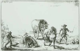 Reisende im Planwagen : Planwagen, mit Reisenden, Radierung